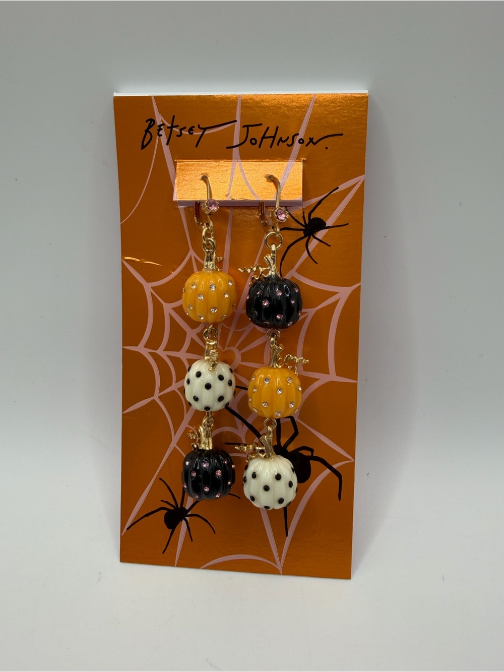 Betsey Johnson Orange, Black & White Pumpkin Drop Earrings